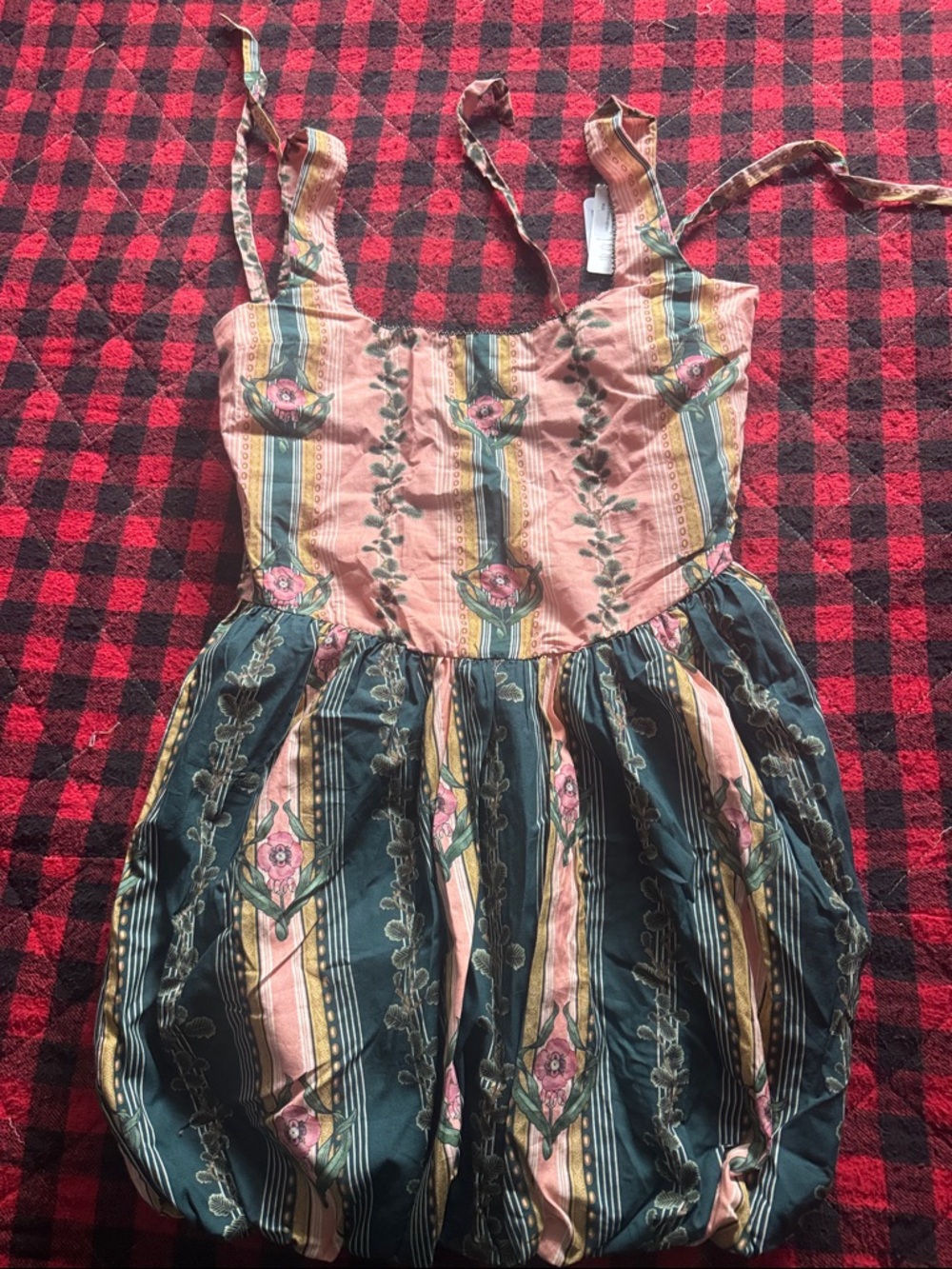 Free People Pink and Green Floral Striped Mini Dress